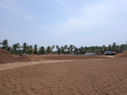Coco chips spread out across the open drying yard